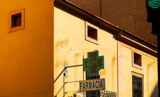 A pharmacy in Spain displays a temperature of 42 degrees Celsius during a heat wave.